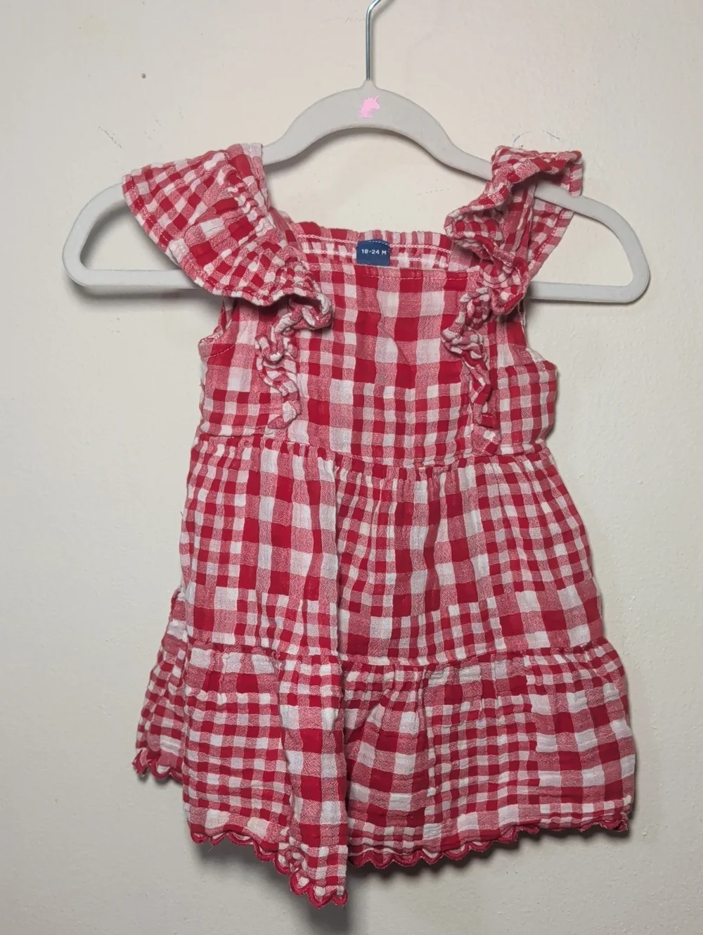 Old Navy Red + White Plaid Dress 100% Cotton Ruffle Sleeves Baby Girl 18-24M